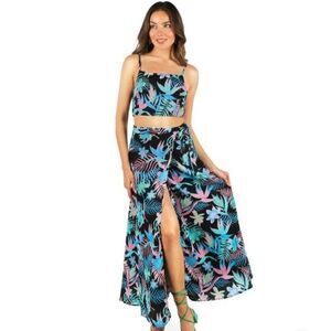 Tipsy Elves Size Large Florescent Foilage 2 Piece Maxi Dress Tropical Beach NWT